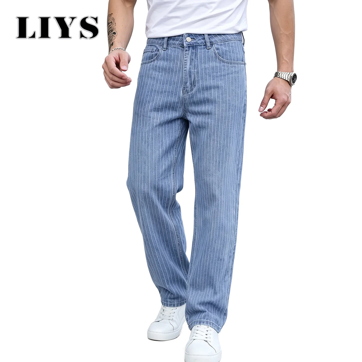 ONE·DINY Light Blue White Striped Jacquard Slim Elastic Fit Straight Leg Jeans Business Casual Style Commuting Denim Pants﻿