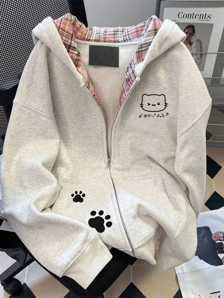 Japanese Cartoon  Print Hooded Open Cardigan Sweatshirt Women's Autumn Winter Fleece Loose Casual Zipper Long Sleeve Top