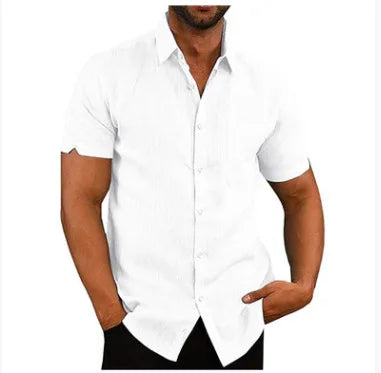 Men Pocket Blouse Tops Summer Male Turn Down Collar Button Short Sleeve Slim Solid Color Blouse Shirts YYCFS-19505
