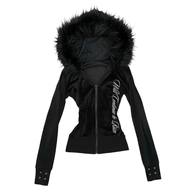2026 Fall Winter Gothic Y2K Women's Hoodie Sexy Slim Casual Chic Fur Collar Cardigan Sweatshirt Grunge Harajuku Gyaru Streetwear