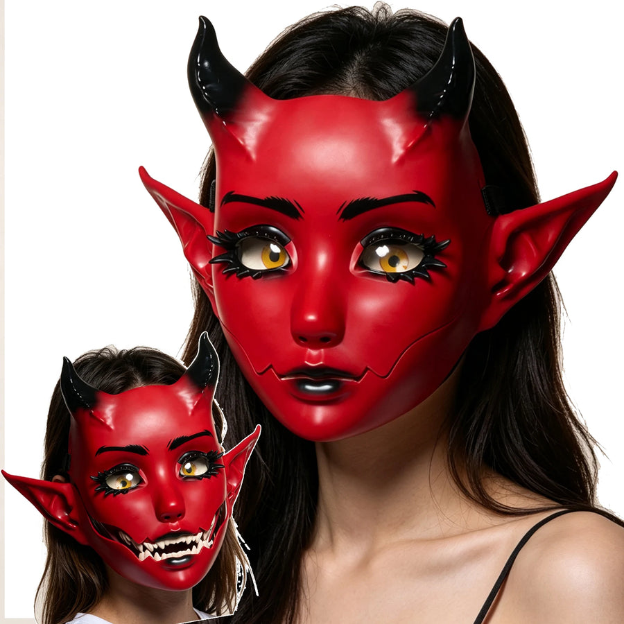 JAUPTO Red Horned Movable Jaw Mask Open Mouth Fantasy Creature Mask Halloween Costume Party Festival Face Cover Adult