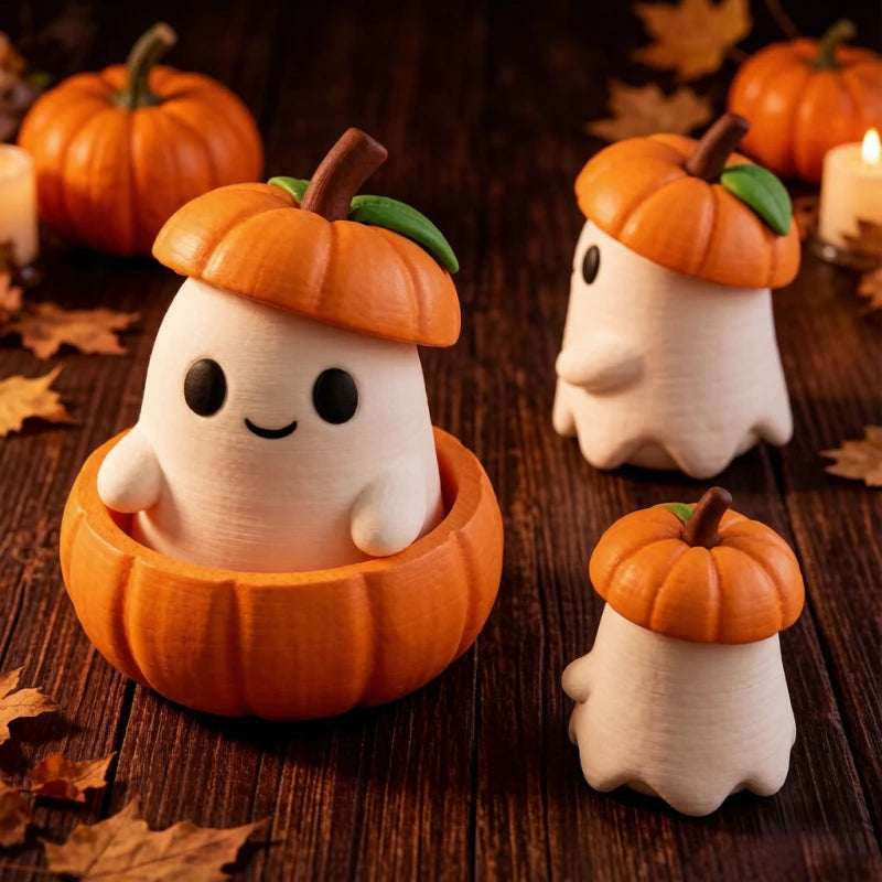 Cute Pumpkin Ghost Figurine Halloween Decor Mini Ghost Statue with Pumpkin Hat Autumn Fall Home Table Ornament Halloween Gift