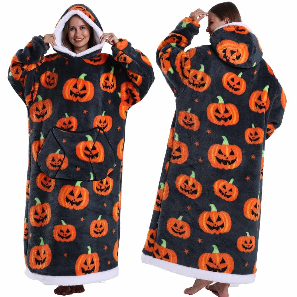 Wearable Blanket Hoodie with Sleeves Winter Oversized Blanket for Adults Extra Long Halloween Pajamas Pumpkin Skull Home Clothes