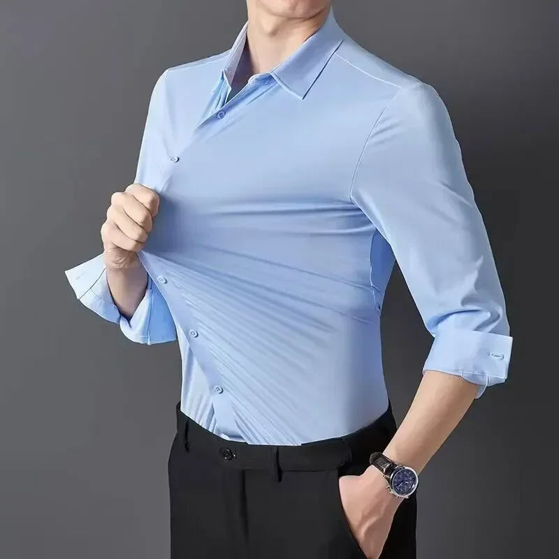 Seamless Anti-wrinkle Business Silky High Elastic Spandex Men's Long-sleeved Shirt Formal Social Non-iron Solid Color Casual