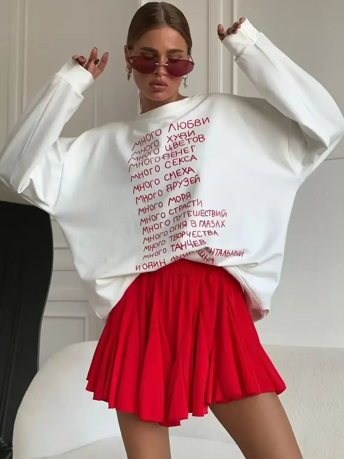 Russian Simple Superior Sense Prined O Neck Sweatshirt Women White Thin Autumn Hoodies Women Russian Style Loose Korean Fashion