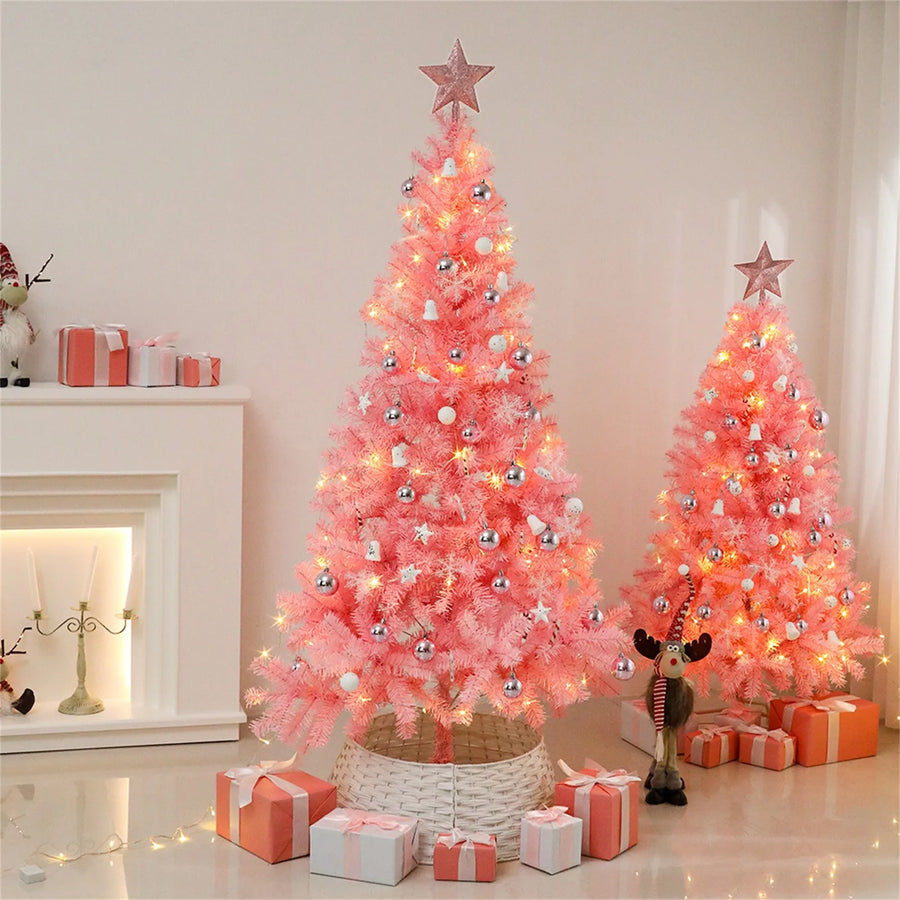 Christmas Tree Set Pink Style With Silver Ball Star Ornament LED Light Detail Festive Holiday Living Room Decor Christmas Decor