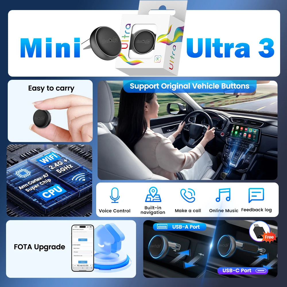 Mini Ultra 3 CarlinKit 5.0 Wireless Adapter Wireless CarPlay Android Auto For OEM Car Plug & Play WiFi Bluetooth Auto Connection