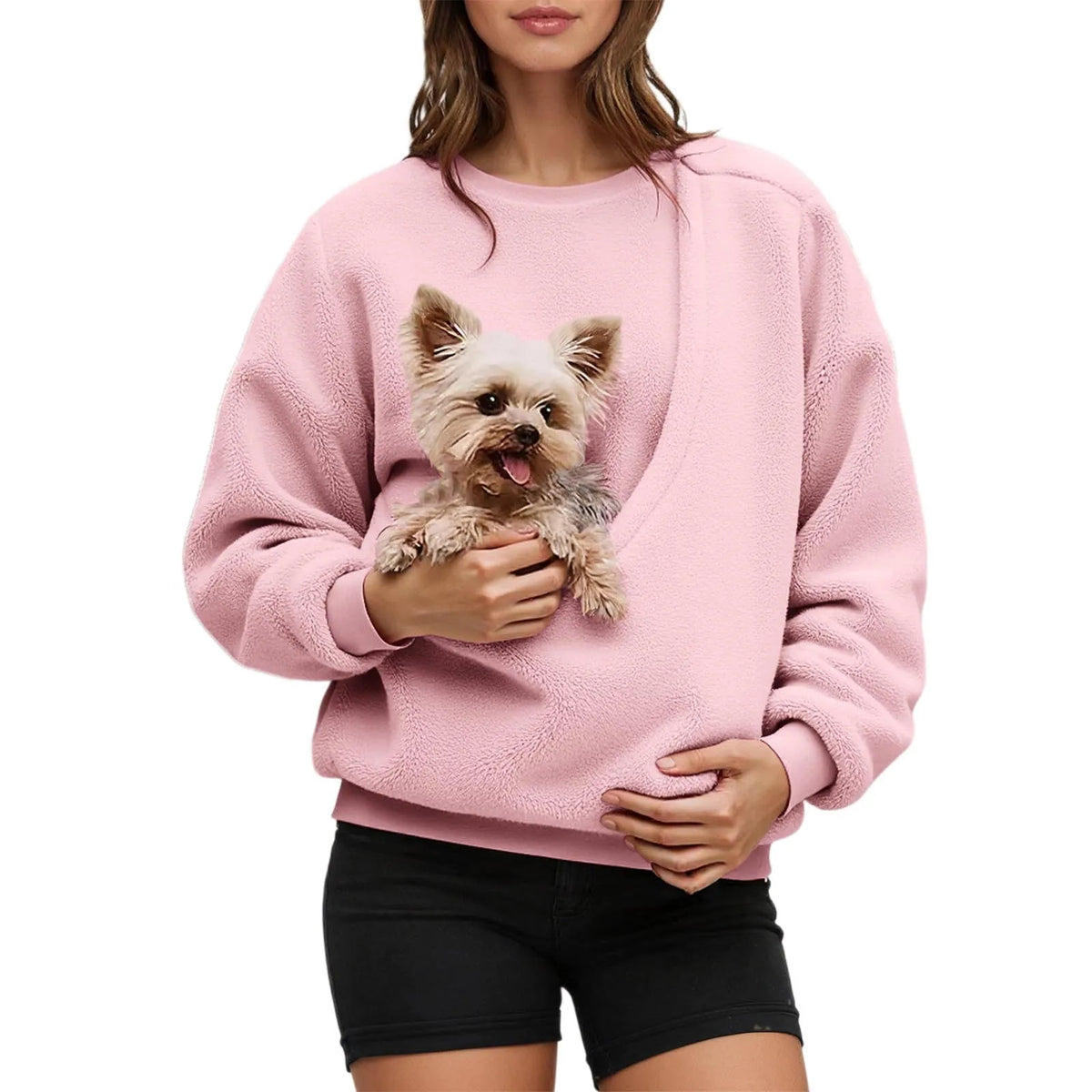 Pet Carrier Unisex Sweatshirt Casual Fleece Fabric Pullover Cozy Long Sleeve Top Couple Matching Pet Pouch Round Neck Shirt
