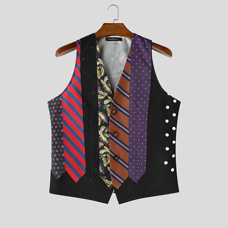 INCERUN Men's Vests Tie Printing V Neck Sleeveless Vintage Casual Male Waistcoats Streetwear Fashion Men Clothes Vests For Man
