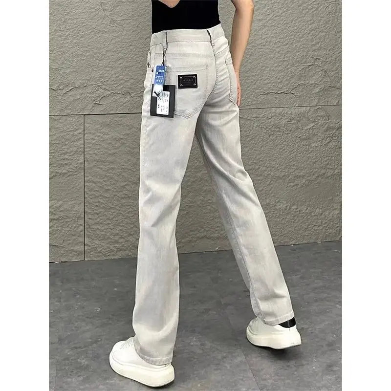 2026 Luxury Jeans for Man Original White Gray Draped Jeans for Men Summer New Slim Fit Trendy Straight-leg Slimming Casual Pants