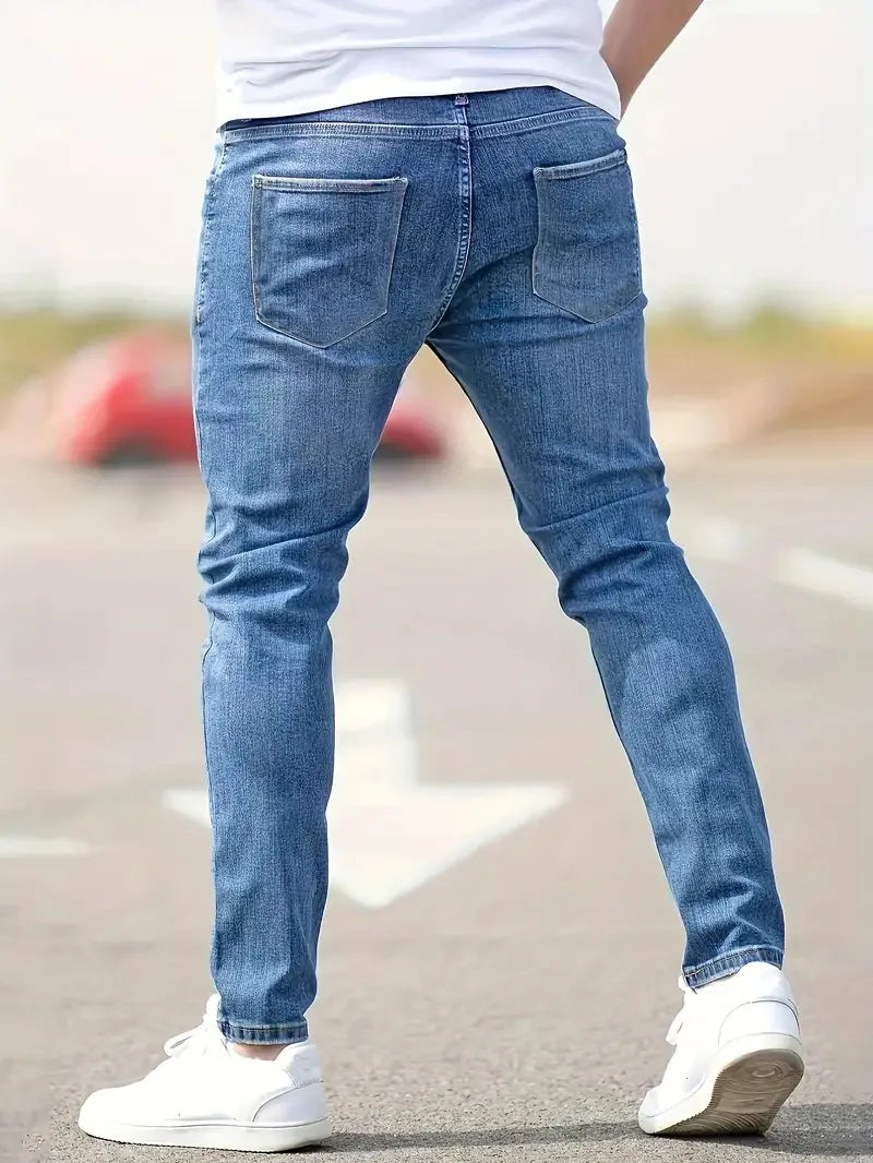 2026 New Fashion Men's Skinny Ripped Jeans Mid Waist Stretch Denim Pants Male's Slim Trousers with Pocket Casual Soft Streetwear