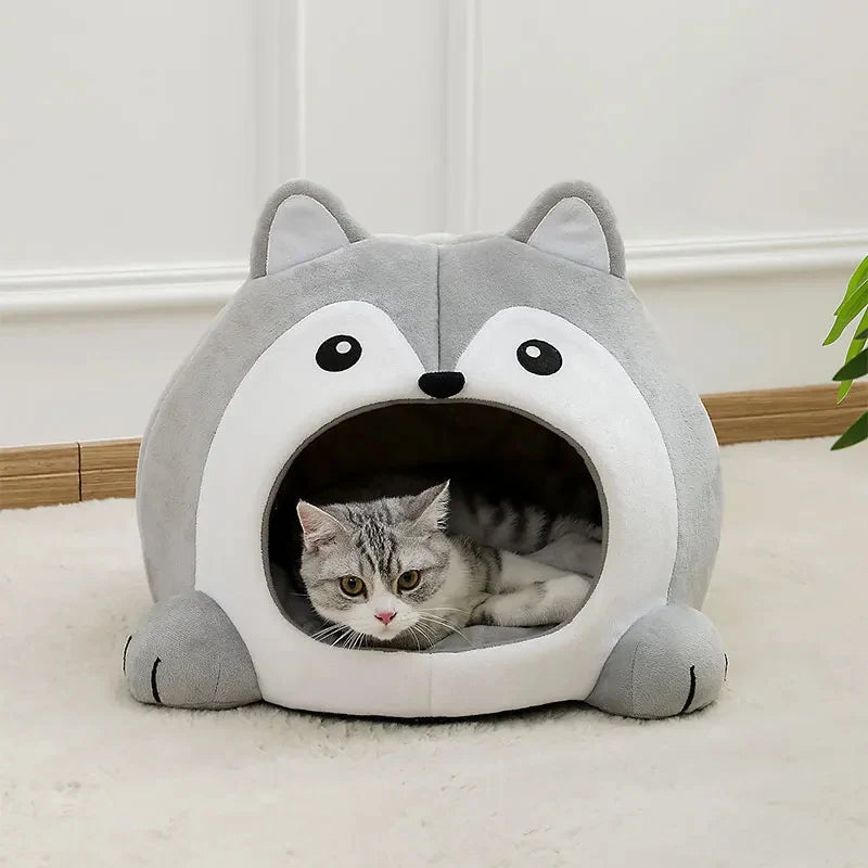 Cute Husky Cartoon Enclosed Cat Bed Cave Super Warm Soft Plush Pet House Sleeping Basket Tent Nest for Kittens Cats Dogs