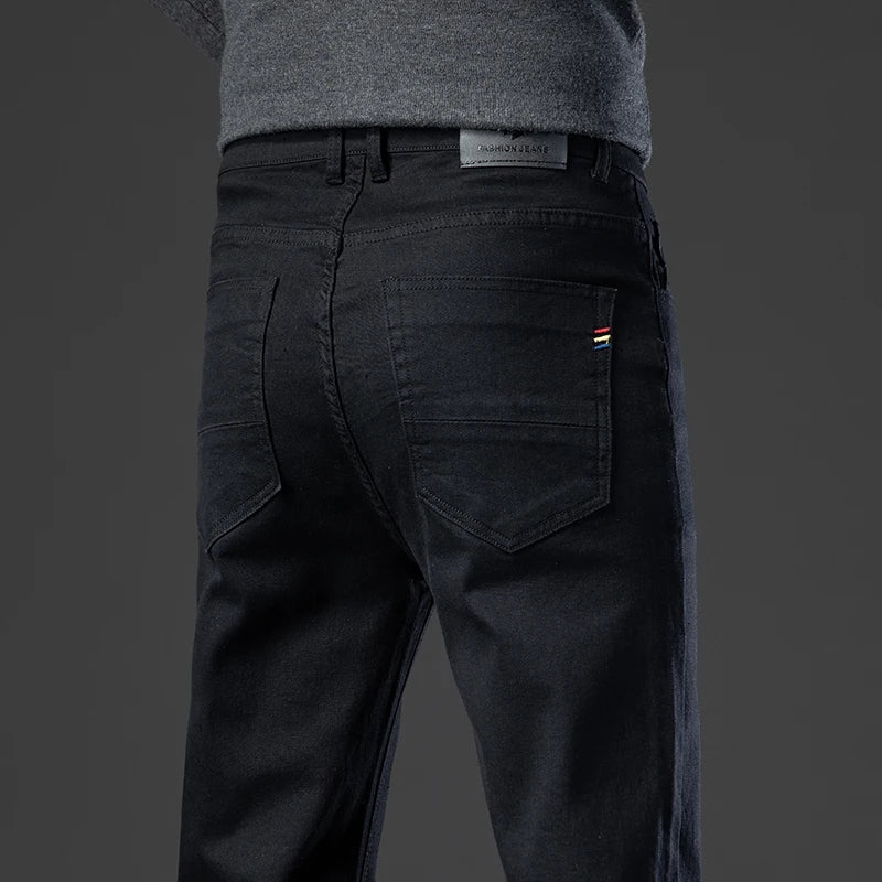2026 Brand Thin or Thick Material Straight Cotton Stretch Denim Men's  Business Casual High Waist Light Grey Blue Jeans