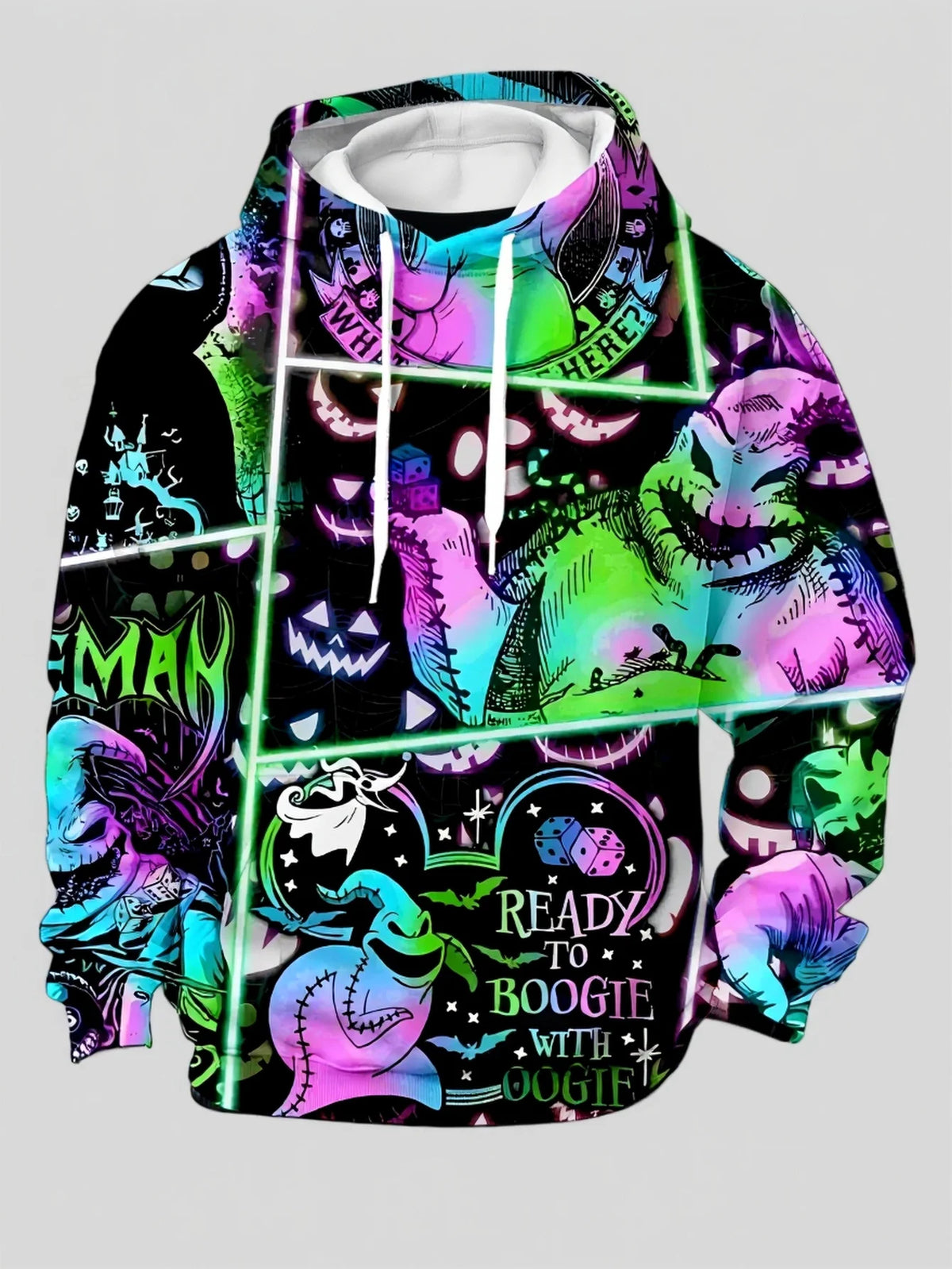 Men Oogie Boogie Neon Color Grid Print Drawstring Hoodie With Pocket