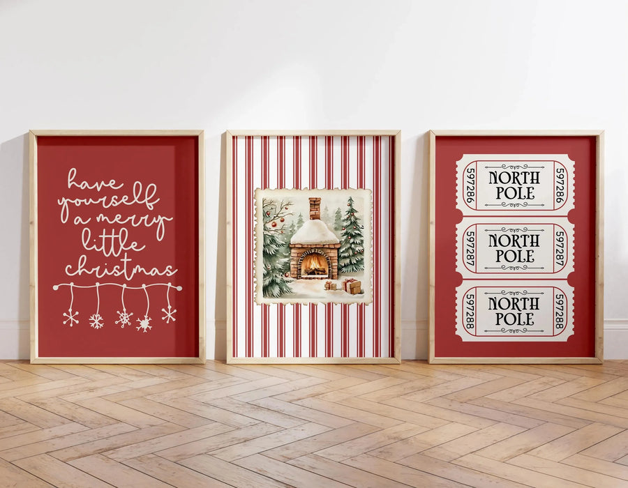3pcs/set of Minimalist Red Merry Christmas Quotes Canvas Print Winter Snow Hut Wall Art Posters for Modern Christmas Home Decor