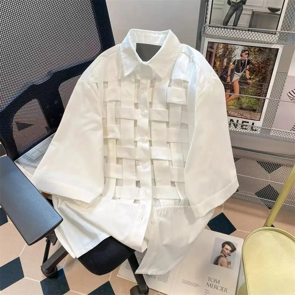 Vintage Weaving Shirts For Men Long/Short Sleeve Lapel INS Trend Tops Streetwear New Spring Summer Fashion Casual Loose Shirts