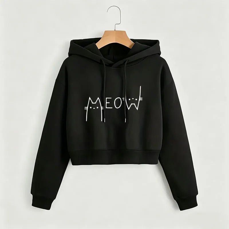Funny Meow Cat Cropped Sweatshirt Crop Top Hoodie Y2k Sweatshirts Gothic Casual Style Clothes kawaii girls hoodies