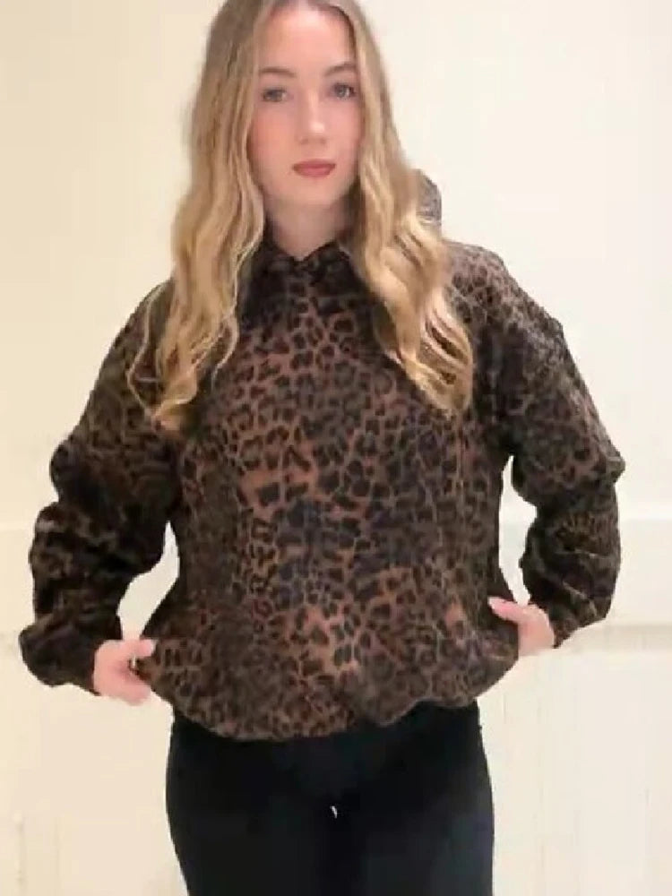 Elegant Chic Spotted Leopard Hoodie Stylish Vintage Relaxed Women Pullover Sweatshirts Casual Trendy Fashion Fall Street Outfit