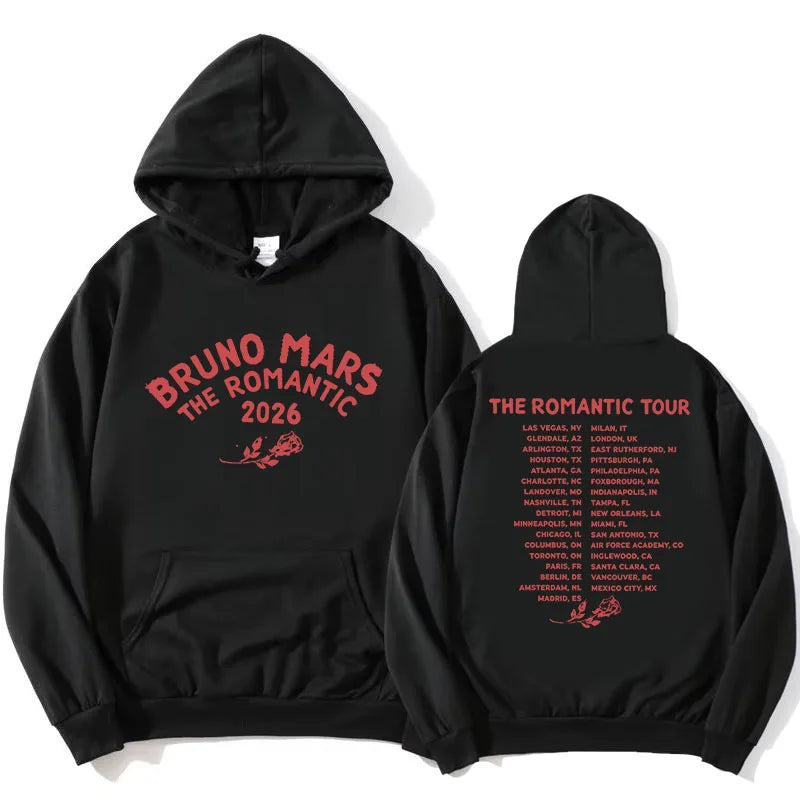 The Romantic Tour Hoodie BRUNO MARS Singer Design Sweatshirt Long Sleeve Loose Hooded Pullovers Women Men Clothing Print Merch