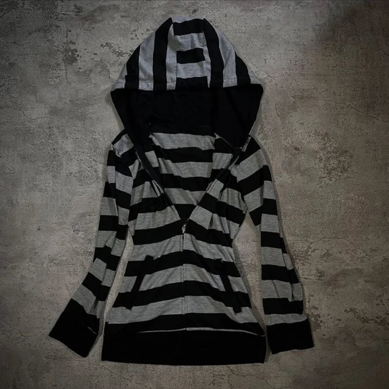 Vintage vibe Hip Hop Y2K Zip up hoodie Stripe Harajuku Punk jacket Streetwear Subculture Zipper Hoodie sweatshirt Gothic Clothes