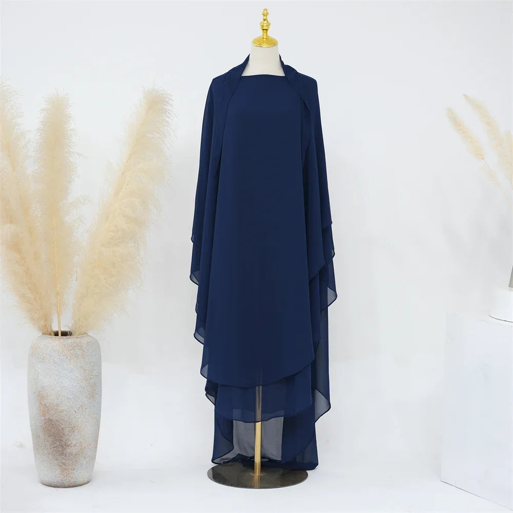 Two Layer Chiffon Extra Long Khimar Niqab Eid Ramadan Muslim Women Islamic Clothing Prayer Garment Overhead Abaya Dress Kaftan