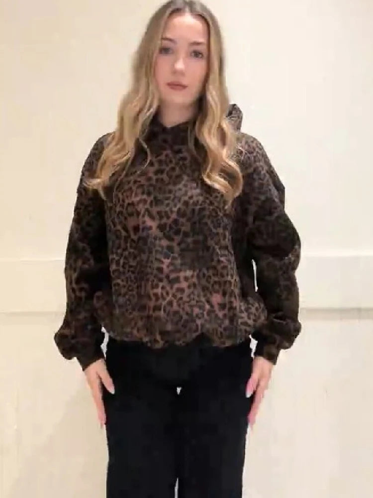 Elegant Chic Spotted Leopard Hoodie Stylish Vintage Relaxed Women Pullover Sweatshirts Casual Trendy Fashion Fall Street Outfit