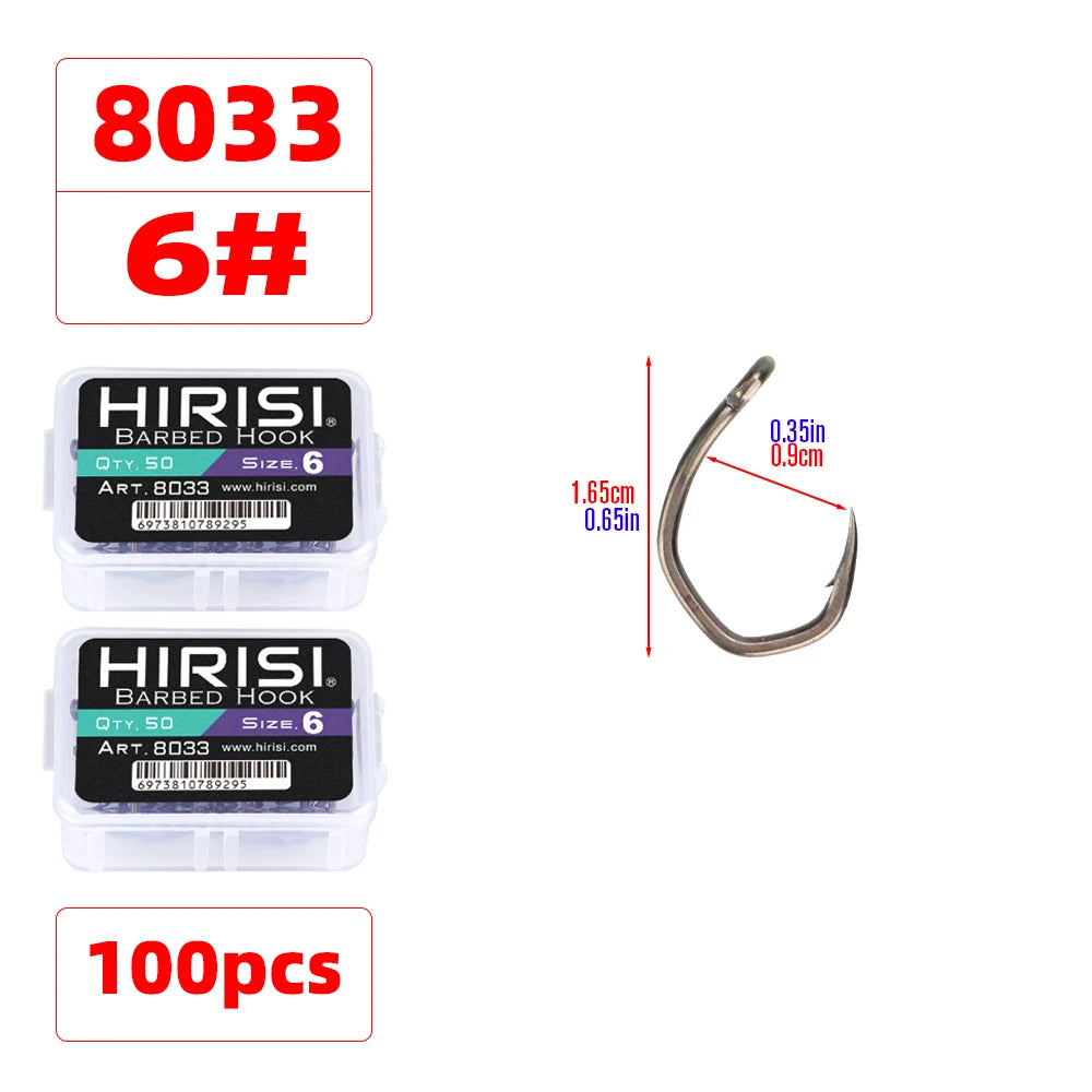 Hirisi 50pcs PTFE Coated High Carbon Stainless Steel Micro Barbed Fish Hook With Eye 8033 Fishing Accessories Spliceable Box
