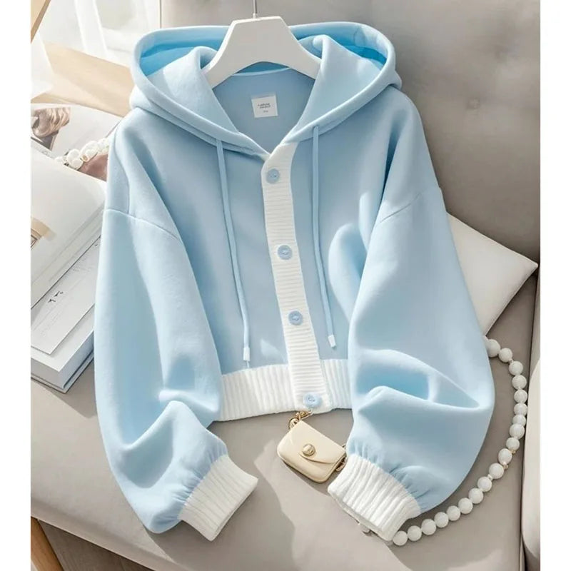Lazy Wind Femme Hooded Sweatshirts Jacket Autumn Winter Women Patchwork Cardigan Hoodies Advanced Ladies Loose Blue Top Coat 5XL