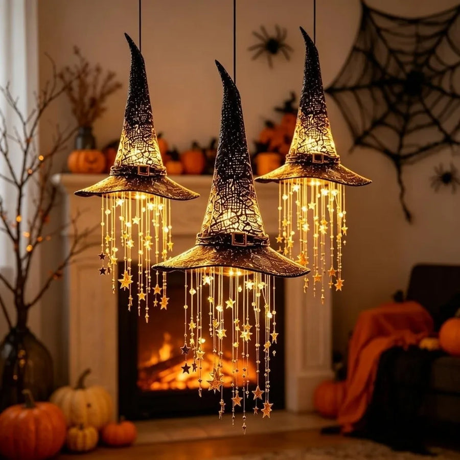 Glowing LED Witch Hat Hanging Chime with Star Tassels Spooky Light‑Up Witch Hat Ornament Vintage with String Light