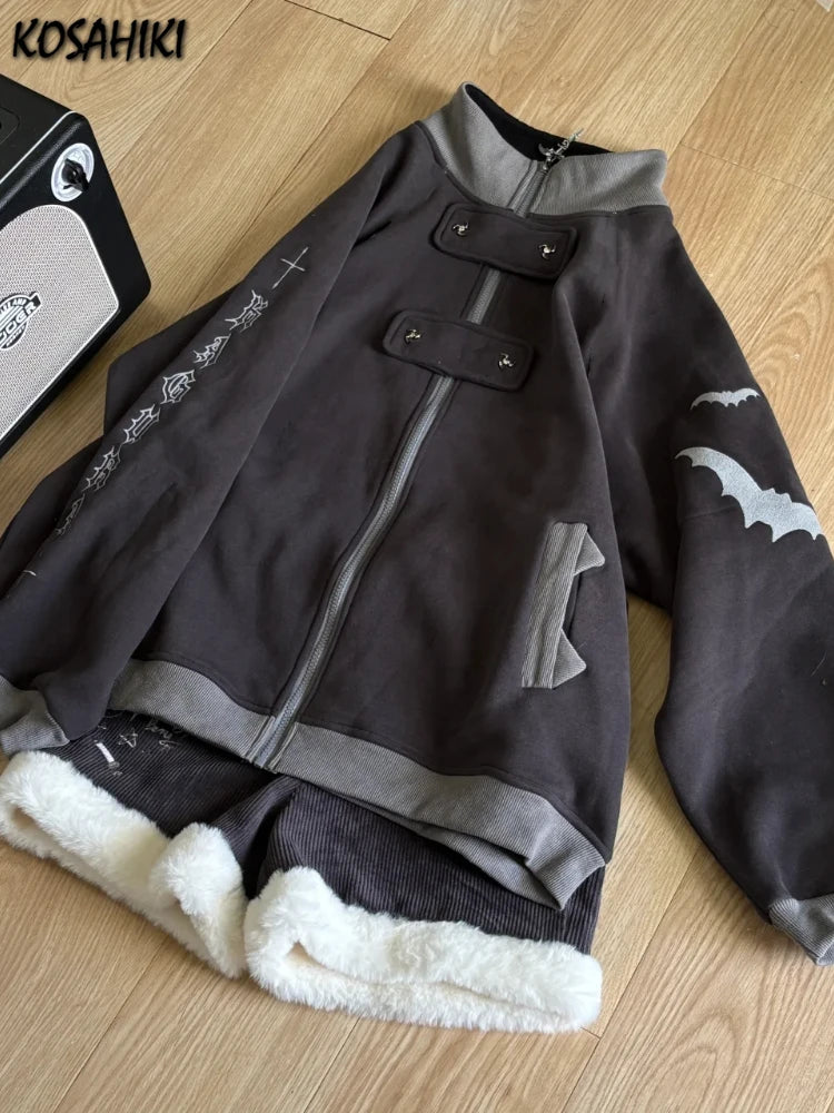 Japanese Printing Sweatshirt Casual Loose Patchwork Streetwear Hoody Coat Y2k Aesthetic Zipper Harajuku Grunge Pocket Hoodies
