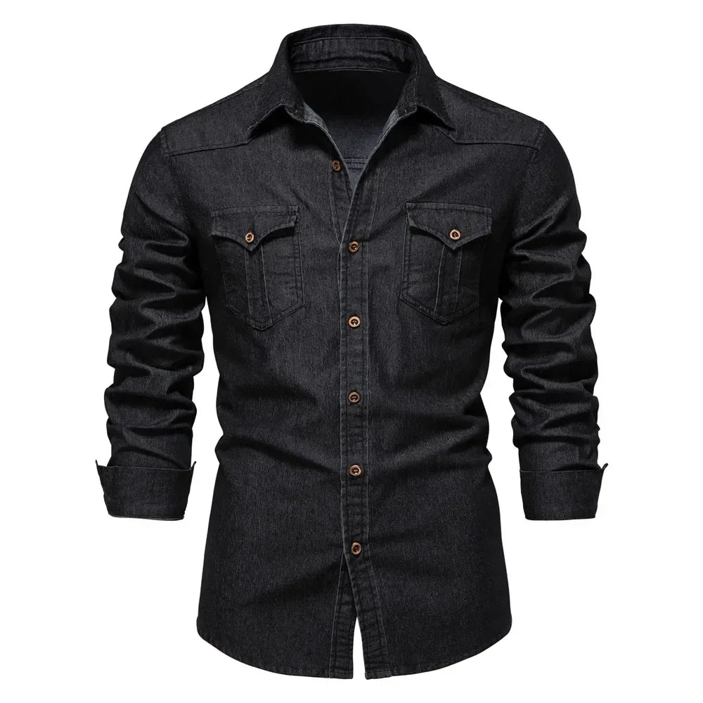 AIOPESON Elastic Cotton Denim Shirt Men Long Sleeve Quality Cowboy Shirts for Men Casual Slim Fit Jeans Men Shirts
