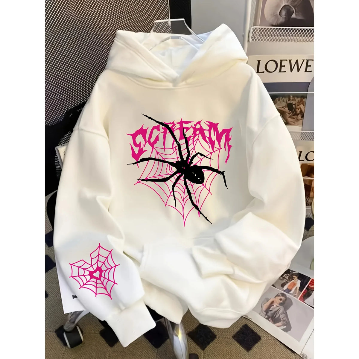 Men's Gothic Spider Print Hoodie Hip Hop Sports Casual Streetwear Pink Graffiti Pullover Sweatshirt Tops