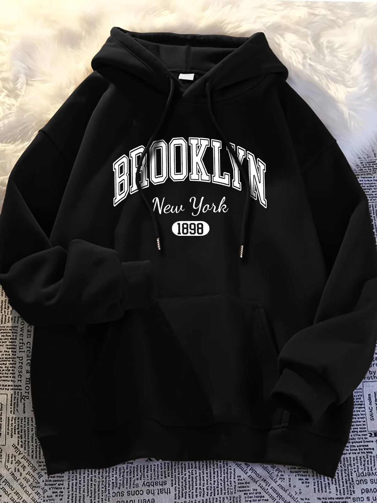 Brooklyn Hoodie Casual Wear Fashionable Letter Cartoon Print Women'S Casual Long Sleeve Pullover with Kangaroo Pockets  Trendy