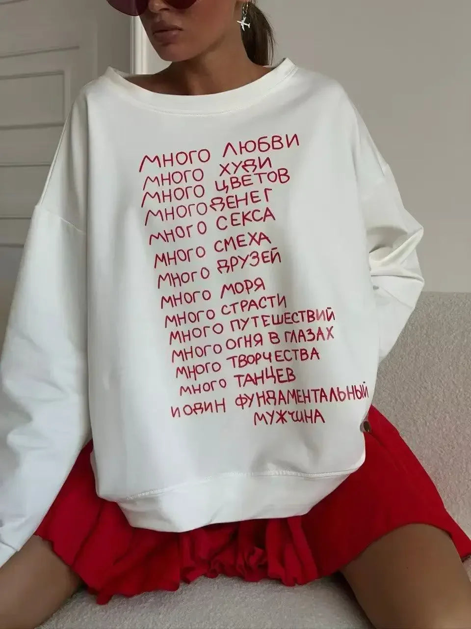 Russian Simple Superior Sense Prined O Neck Sweatshirt Women White Thin Autumn Hoodies Women Russian Style Loose Korean Fashion