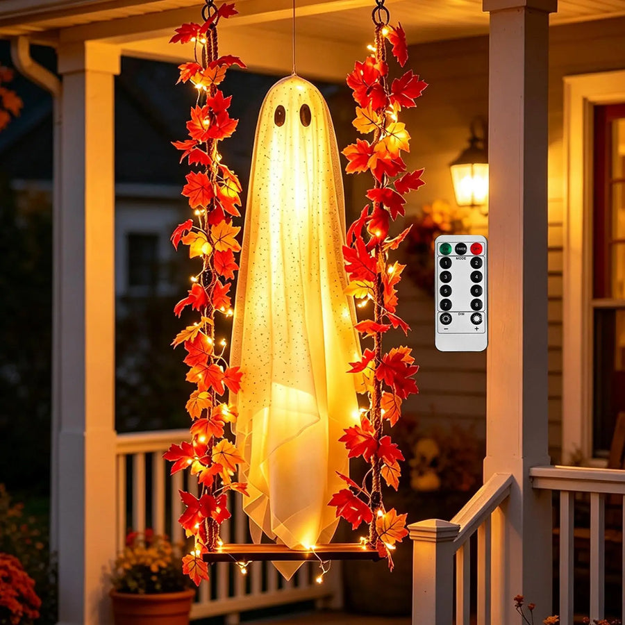 Halloween Porch Decor Glowing Swinging Ghost Prop Halloween Hanging Swing Ghost Decoration with Witch Hat Light-up for Yard