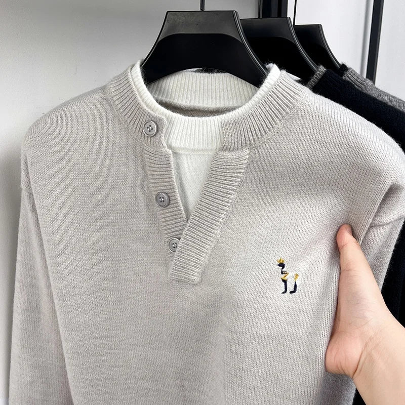 Korean Version Fashion Men‘s Long-Sleeved Knitwear Button Color Blocking False Two-Piece Embroidery Sweater Hot-Selling for Men