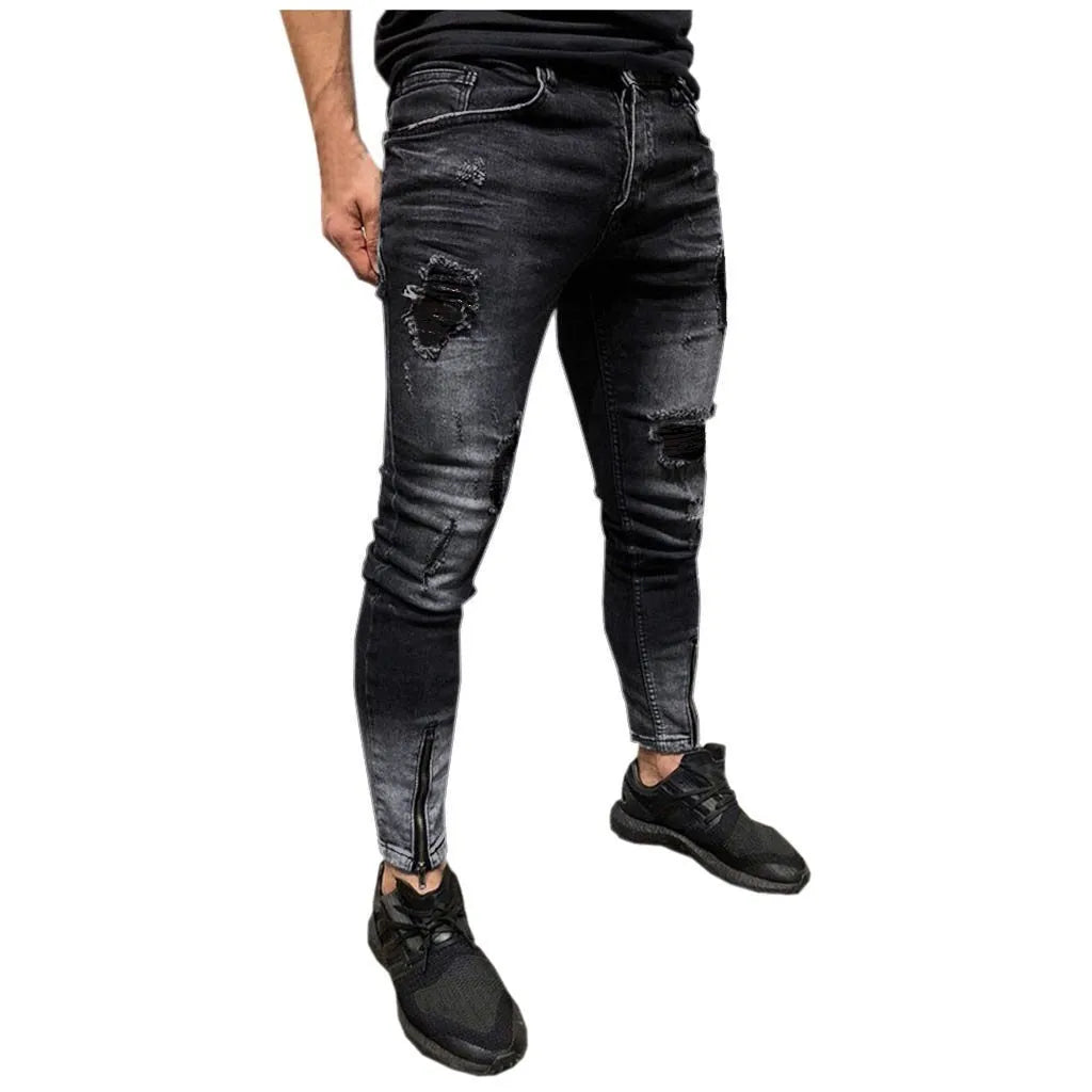 Hole Ripped Skinny Jeans For Men Vintage Solid Denim Pants Mens Casual Slim Fit Trousers Male Pencil Pants Fashion Streetwear