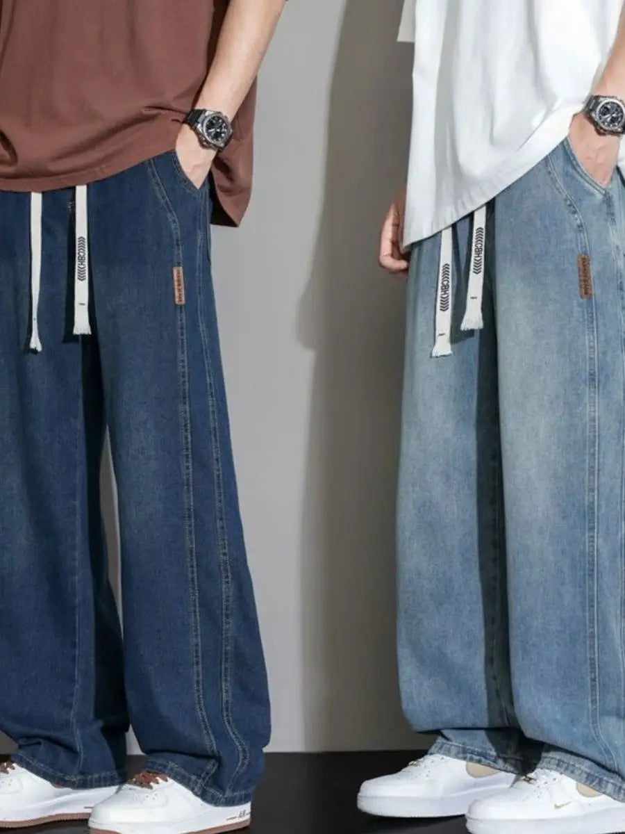 Summer Thin Denim Jeans Elastic Waist Large Size American Loose Slimming Wear Resistant Long Casual Men's Pants Cotton Blend