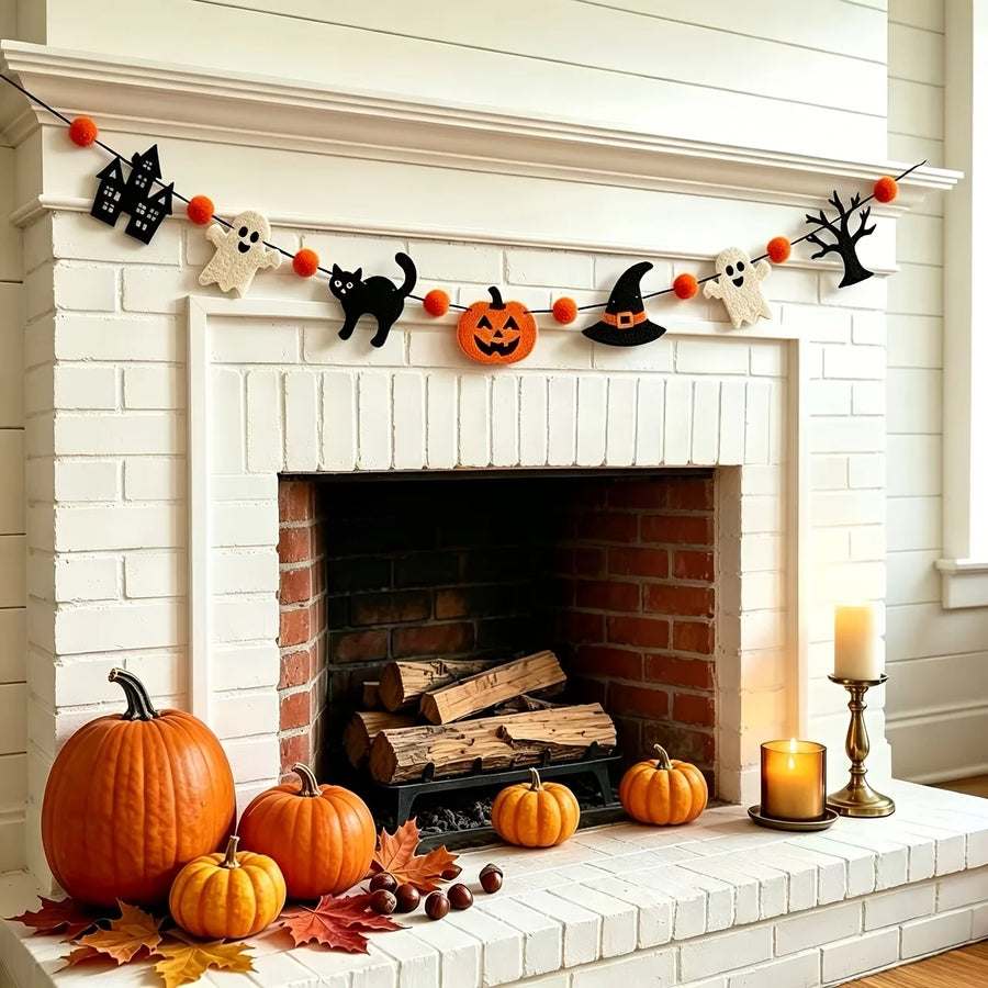 Halloween Felt Banner Witch Hat Haunted House Black Cat Skull Garland Home Mantel Wall Hanging Party Decoration