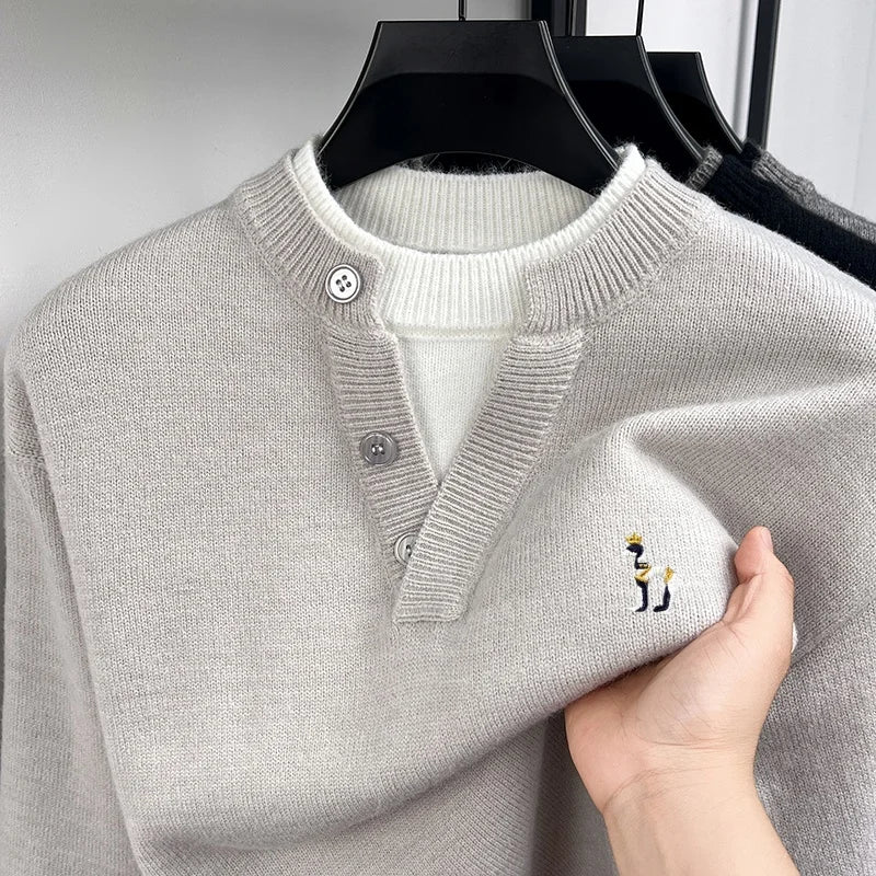 Korean Version Fashion Men‘s Long-Sleeved Knitwear Button Color Blocking False Two-Piece Embroidery Sweater Hot-Selling for Men