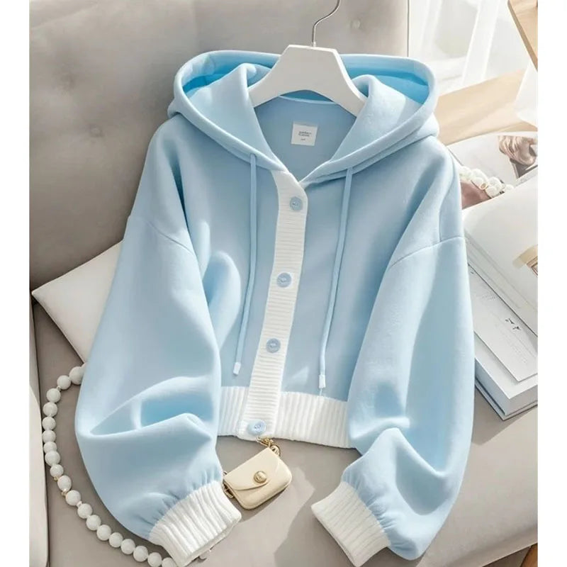 Lazy Wind Femme Hooded Sweatshirts Jacket Autumn Winter Women Patchwork Cardigan Hoodies Advanced Ladies Loose Blue Top Coat 5XL