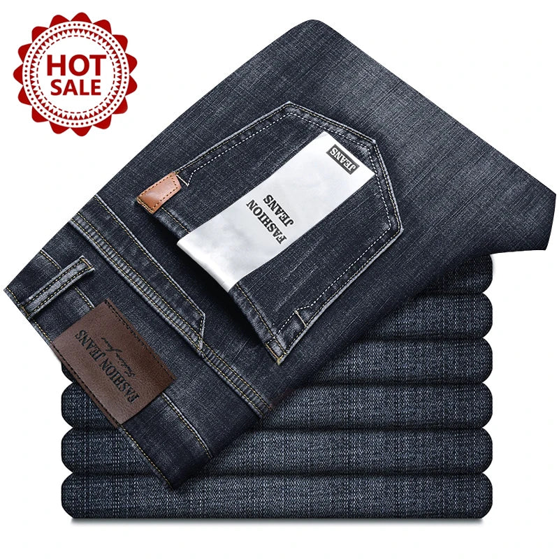 Autumn Winter Men's Jeans Classic Retro Grey Denim Pants Man Work Slim Straight Stretch Cotton Trousers Streetwear Plus Size 40