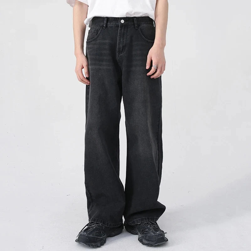 Men Classic Straight Leg Casual Jeans Male Brand Wide Leg Black Denim Pants Simple Vintage Outside High Street Denim Trousers