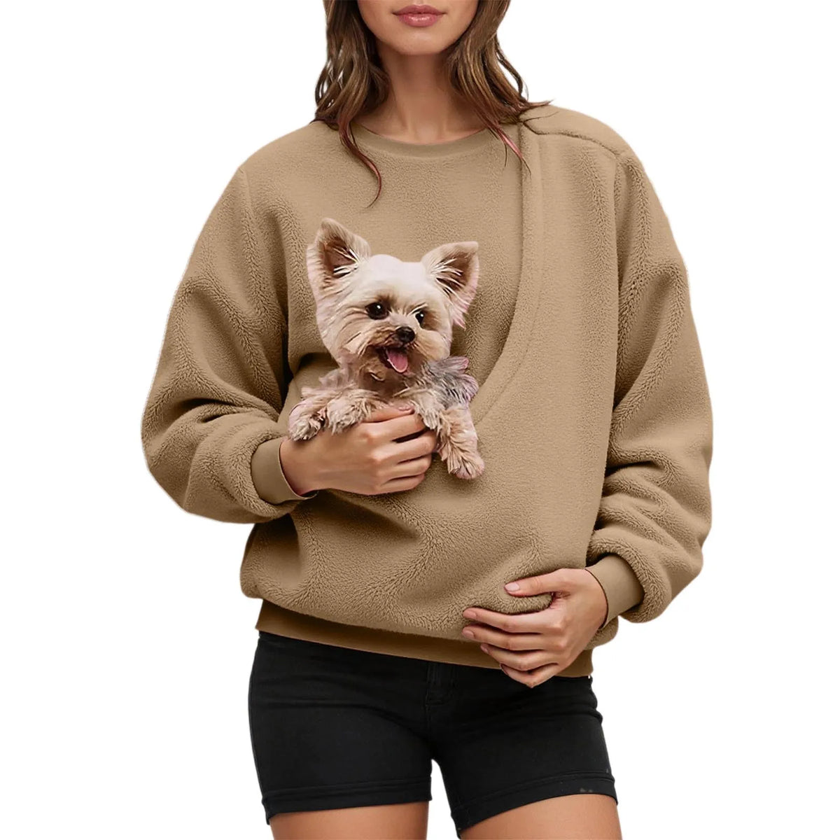 Pet Carrier Unisex Sweatshirt Casual Fleece Fabric Pullover Cozy Long Sleeve Top Couple Matching Pet Pouch Round Neck Shirt