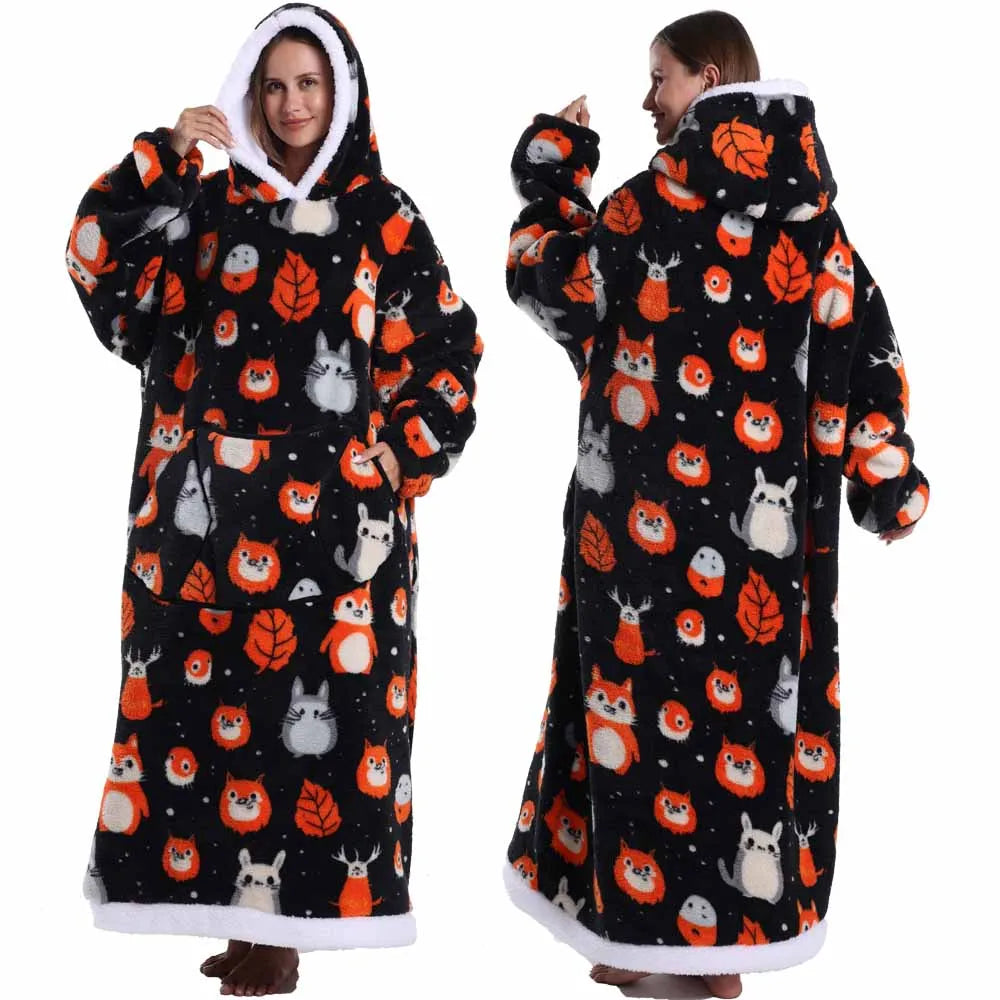 Wearable Blanket Hoodie with Sleeves Winter Oversized Blanket for Adults Extra Long Halloween Pajamas Pumpkin Skull Home Clothes