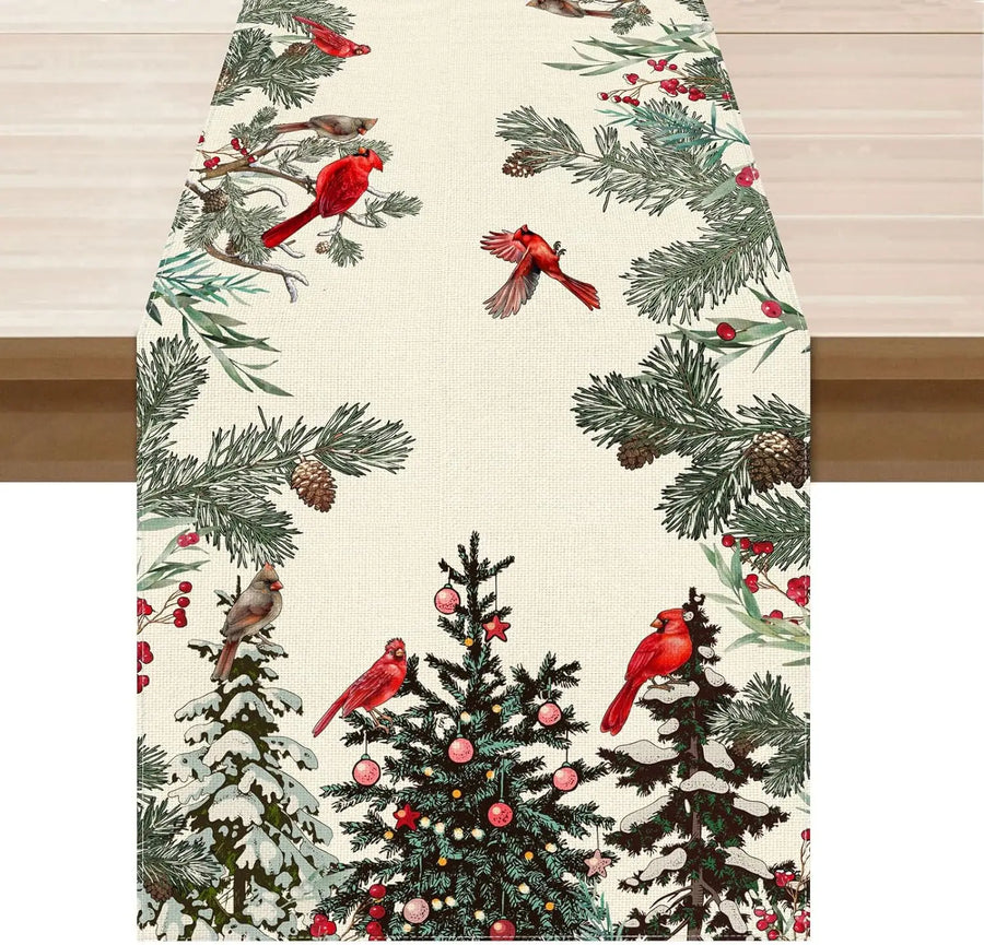 Christmas Tree Birds Pine Needle Linen Table Runner Party Decor Winter Xmas Kitchen Dining Table Runners Christmas Decorations