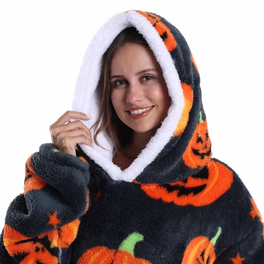 Wearable Blanket Hoodie with Sleeves Winter Oversized Blanket for Adults Extra Long Halloween Pajamas Pumpkin Skull Home Clothes