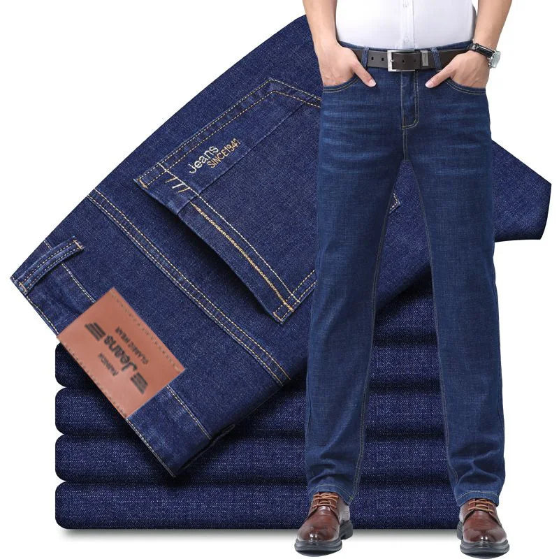 Summer Thin Men's Elastic Cotton Jeans Fashion Sky Blue Comfortable Business Straight Casual Pants Brand Male Clothes Trousers