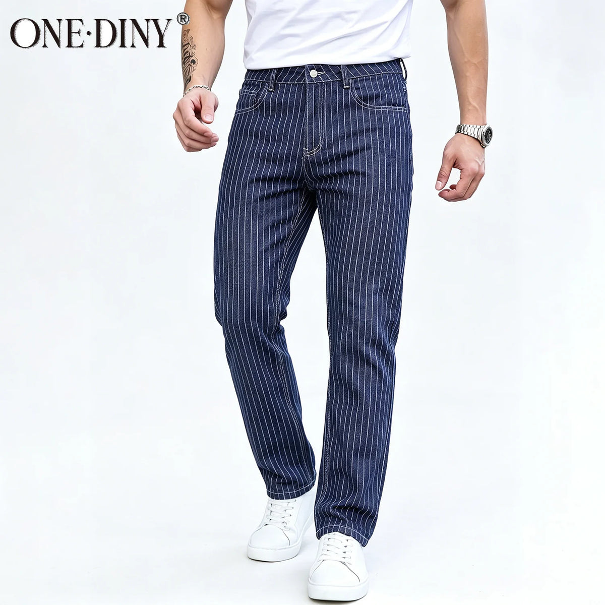 ONE·DINY Light Blue White Striped Jacquard Slim Elastic Fit Straight Leg Jeans Business Casual Style Commuting Denim Pants﻿