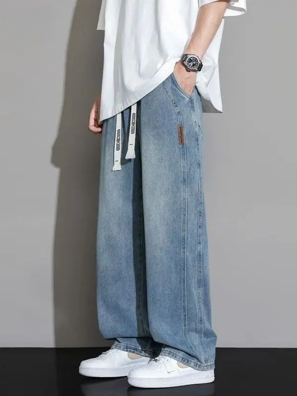 Summer Thin Denim Jeans Elastic Waist Large Size American Loose Slimming Wear Resistant Long Casual Men's Pants Cotton Blend